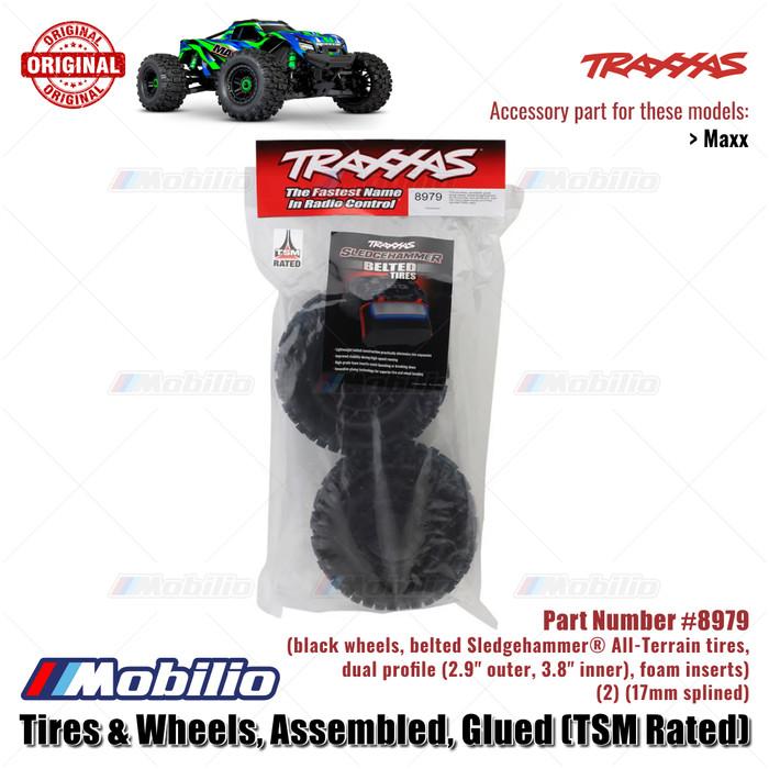 Traxxas Part #8979 Tires & Wheels Assembled Glued TSM Rated Black Wheels Belted Sledgehammer Traxxas Maxx