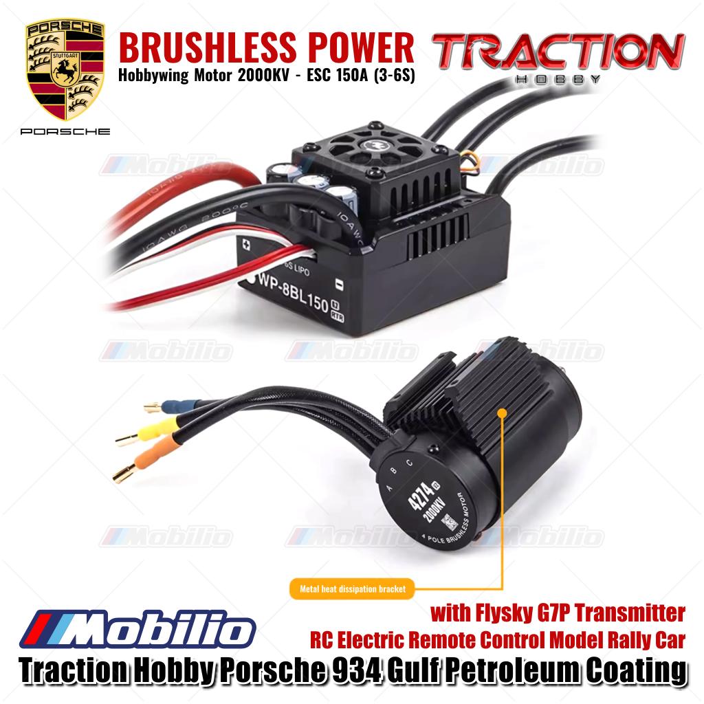 Mobil Reli Model RC Elektrik Kendali Jarak Jauh Skala 1/6 Traction Hobby Porsche 934 Gulf Petroleum Coating dengan Pemancar Flysky G7P