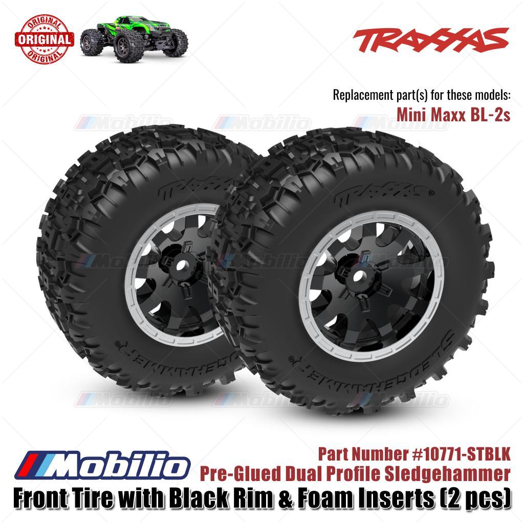 Traxxas Part #10771-STBLK Front Tire with Black Rim & Foam Inserts (2 Pcs) Pre-Glued Dual Profile Sledgehammer RC Mini Maxx BL-2S