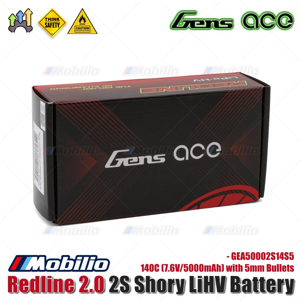Baterai Gens Ace Redline 2.0 2S Shorty LiHV 140C (7.6V/5000mAh) dengan 5mm Bullets - GEA50002S14S5