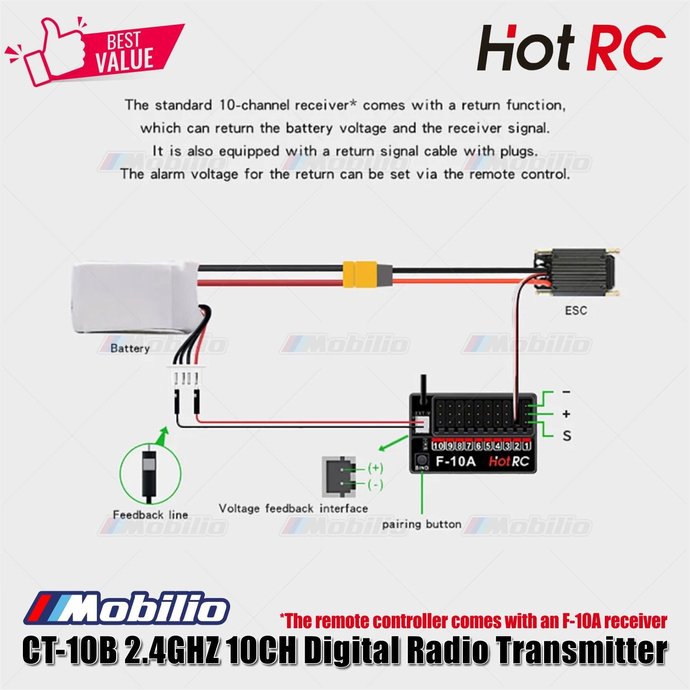 HotRC CT-10B 2.4GHZ 10CH Digital Radio Transmitter with F-10A Receiver 10 Channel for RC Car Boat Tank