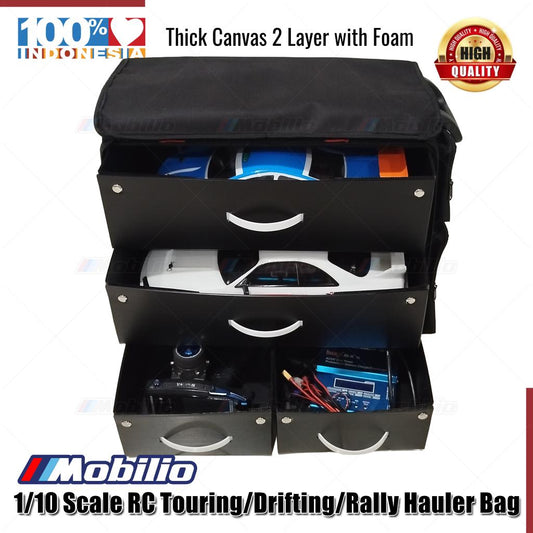 Mobilio Tas Koper 1/10 Scale RC Touring Drifting Rally Hauler Bag with 4 Inner Box Fits 2 Cars Remote Charger and 4 Additional Pockets for tools