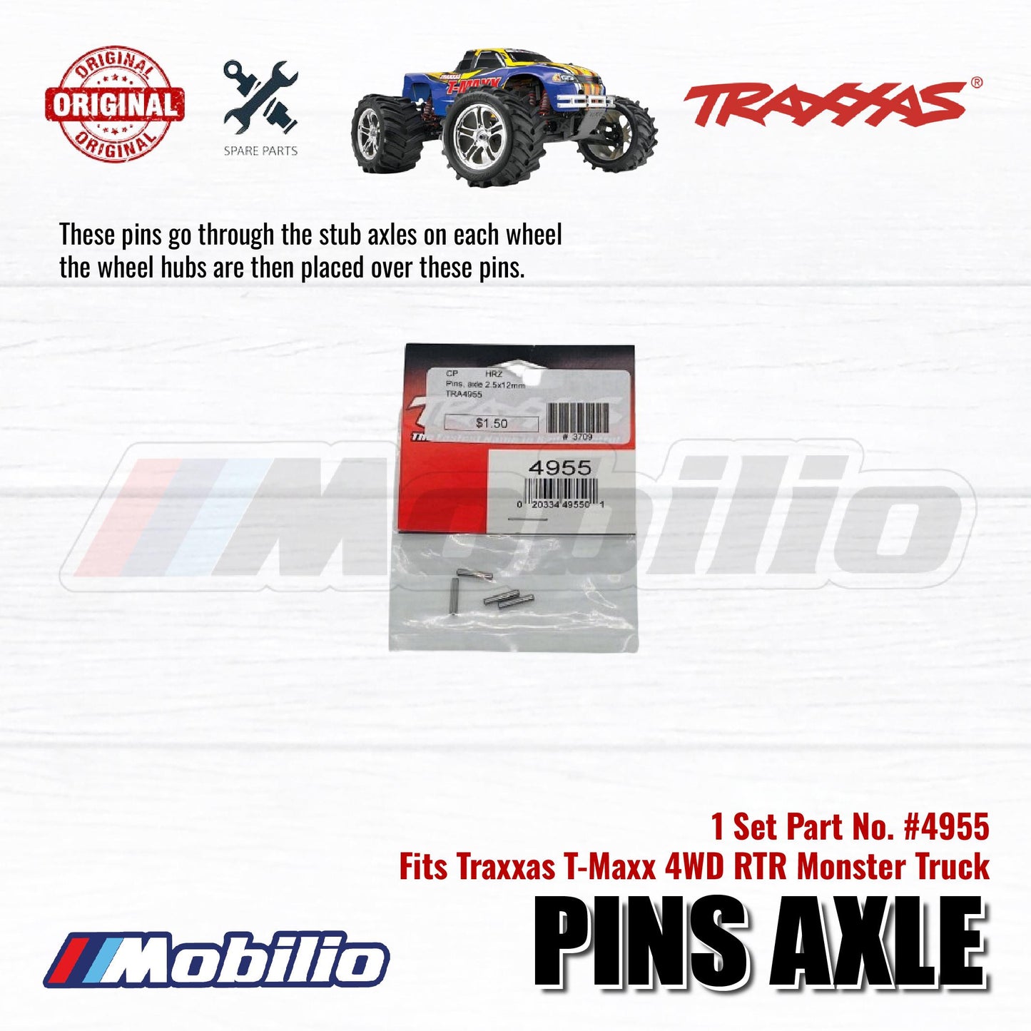 Traxxas Part #4955 Pin Axle 2.5 x 12mm 4 Pcs for 4WD RTR Monster Truck