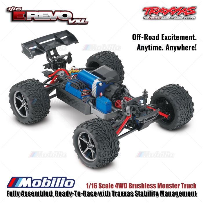 Traxxas 71076-8 Mini E-Revo VXL 1/16 Scale 4WD Brushless Monster Truck Fully Assembled RTR dengan TSM dan Baterai NiMH 7.2V