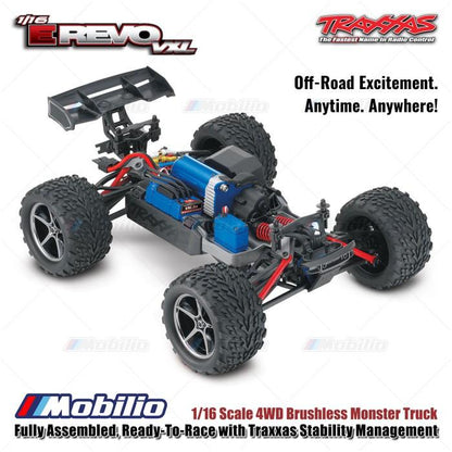 Traxxas 71076-8 Mini E-Revo VXL 1/16 Scale 4WD Brushless Monster Truck Fully Assembled RTR dengan TSM dan Baterai NiMH 7.2V