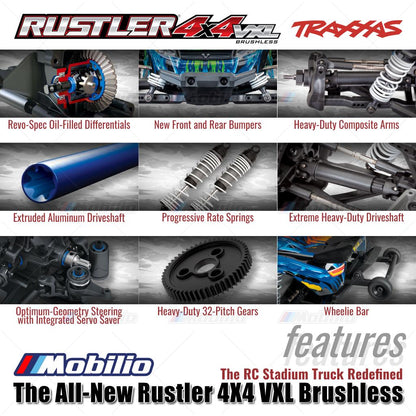 Traxxas 67376-4 Rustler 4X4 VXL Brushless HD Skala 1/10 Truk 4x4 Tahan Air RTR