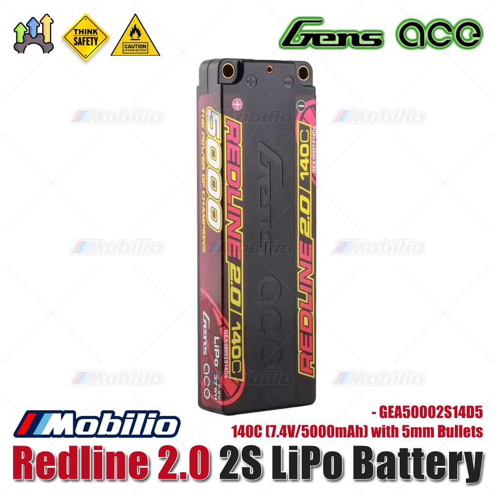 Gens Ace Redline 2.0 2S LiPo Battery 140C (7.4V/5000mAh) with 5mm Bullets - GEA50002S14D5