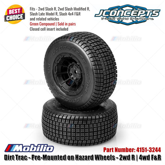 JConcepts #4151-3244 Dirt Trac Pre-Mounted on Hazard Wheels 2wd R | 4wd F&R Green Compound Fits - 2wd Slash R 2wd Slash Modified R Slash Late Model R Slash 4x4 F&R and Related Vehicles