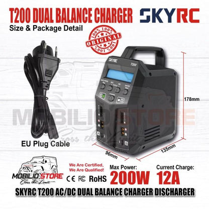SKYRC T200 AC/DC 200W 12A Pengisi Daya/Pengosong Baterai Lipo Dual Balance