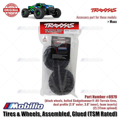Traxxas Part #8979 Tires & Wheels Assembled Glued TSM Rated Black Wheels Belted Sledgehammer Traxxas Maxx
