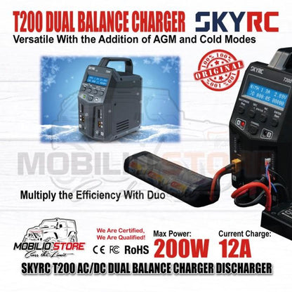SKYRC T200 AC/DC 200W 12A Pengisi Daya/Pengosong Baterai Lipo Dual Balance