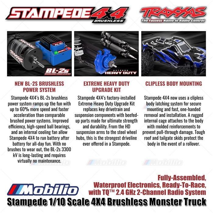 Traxxas 67154-4 Stampede BL-2S Truk Monster 4X4 Brushless Skala 1/10 Rakitan Lengkap Tahan Air RTR