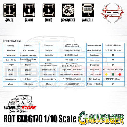 RGT EX86170 Challenger 1/10 Skala 2.4G 2-Kecepatan FWD/4WD Mobil RC Crawler
