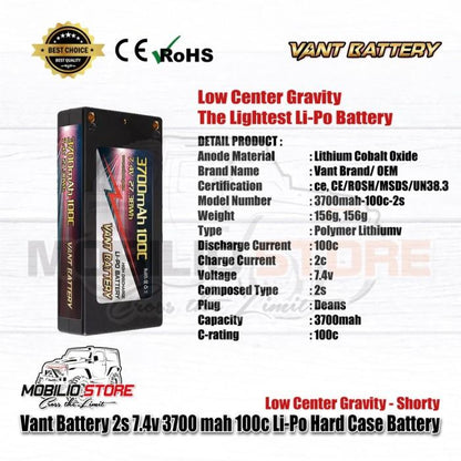 Baterai Li-Polimer Vant 2S 7.4V 3700 mAh 100C LCG Pendek