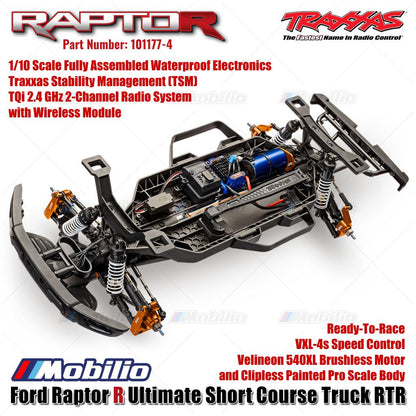 Traxxas 101177-4 FOX-2 Ford Raptor R Ultimate 4X4 Short Course Truck RC Skala 1/10 Rakitan Lengkap Tahan Air RTR Kontrol Jarak Jauh dengan Motor Velineon 540XL &amp; Sistem Radio TQi 2.4 GHz - Gear