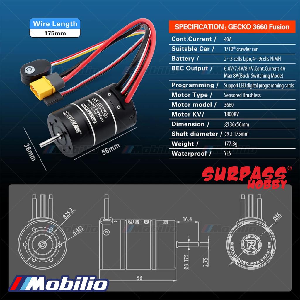 Surpass Hobby Gecko 3660 Fusion FOC 1800KV Motor + 40A ESC All-in-One Waterproof for 1/10 RC Crawler Car Trucks Model