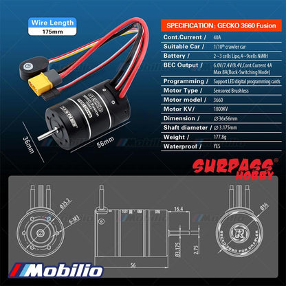 Surpass Hobby Gecko 3660 Fusion FOC 1800KV Motor + 40A ESC All-in-One Waterproof for 1/10 RC Crawler Car Trucks Model