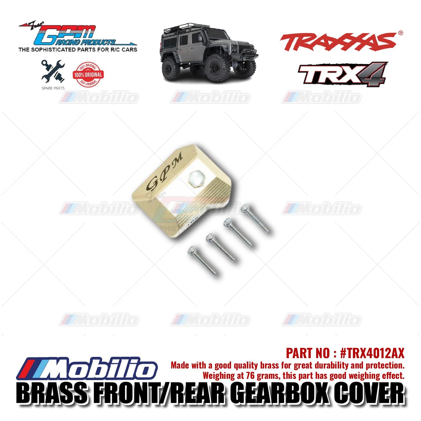GPM Part #TRX4012AX Brass Front/Rear Gearbox Cover for Traxxas TRX4 Crawler Car