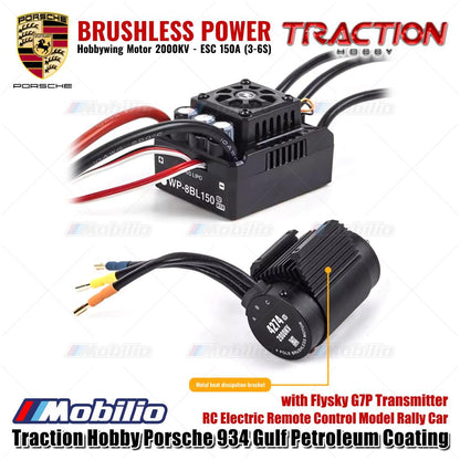 Mobil Reli Model RC Elektrik Kendali Jarak Jauh Skala 1/6 Traction Hobby Porsche 934 Gulf Petroleum Coating dengan Pemancar Flysky G7P