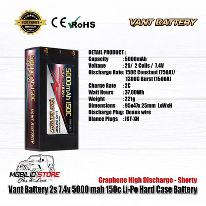 Vant Baterai 2S 7.4V 5000 mAh 150C Li-Po Graphene Casing Keras Baterai Pendek