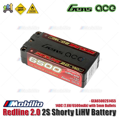 Gens Ace Redline 2.0 2S Baterai LiHV Pendek 140C (7.6V/6500mAh) dengan Bullet 5mm - GEA65002S14S5