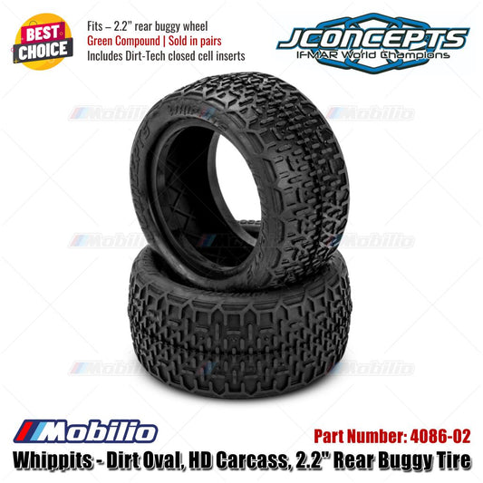 JConcepts #4086-02 Whippits - Dirt Oval, HD Carcass, 2.2" Rear Buggy Tire Green Compound Fits 2.2" Rear Buggy Wheel
