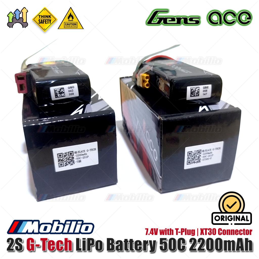 Baterai LiPo Gens Ace 2S G-Tech 7.4V 50C 2200mAh dengan T-Plug | Konektor XT30