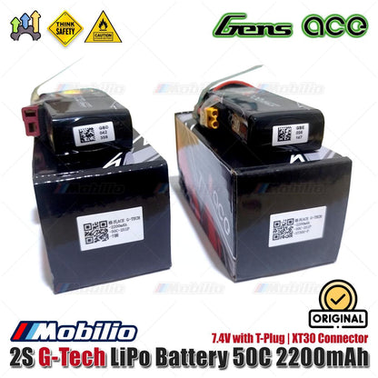 Baterai LiPo Gens Ace 2S G-Tech 7.4V 50C 2200mAh dengan T-Plug | Konektor XT30