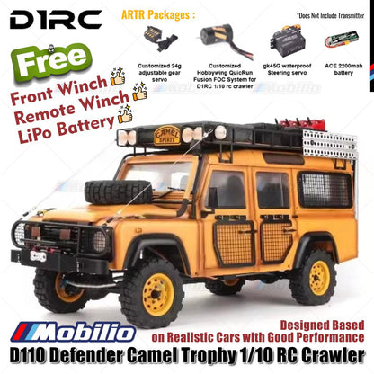 D1RC D110 Defender Camel Trophy Skala 1/10 Jarak Sumbu Roda 334mm Mobil RC Crawler Petualangan
