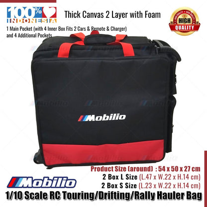 Mobilio Tas Koper 1/10 Scale RC Touring Drifting Rally Hauler Bag with 4 Inner Box Fits 2 Cars Remote Charger and 4 Additional Pockets for tools