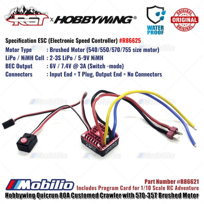 RGT Part #R86621 Hobbywing Quicrun 80A Customed Crawler Power KIT dengan Kombo Motor Brushed 570-35T RC Elektronik 1/10 Petualangan