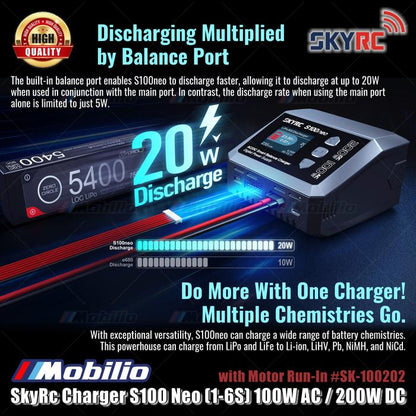 SkyRc Charger S100 Neo (1-6S) 100W AC / 200W DC dengan Motor Run-In #SK-100202 Baterai