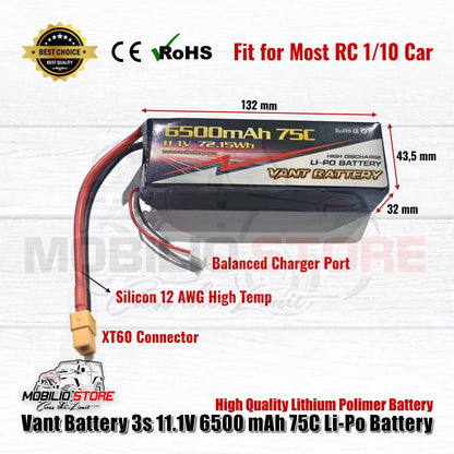 Vant Baterai Lipo 3S 11.1 Volt 6500 mAh 75C Baterai RC Lithium Polimer
