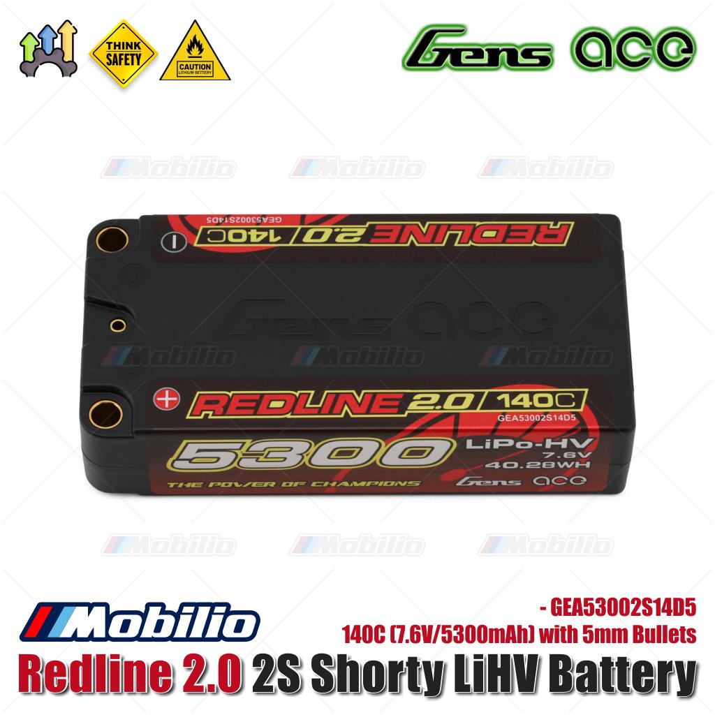 Baterai Gens Ace Redline 2.0 2S Shorty LiHV 140C (7.6V/5300mAh) dengan Bullet 5mm - GEA53002S14D5