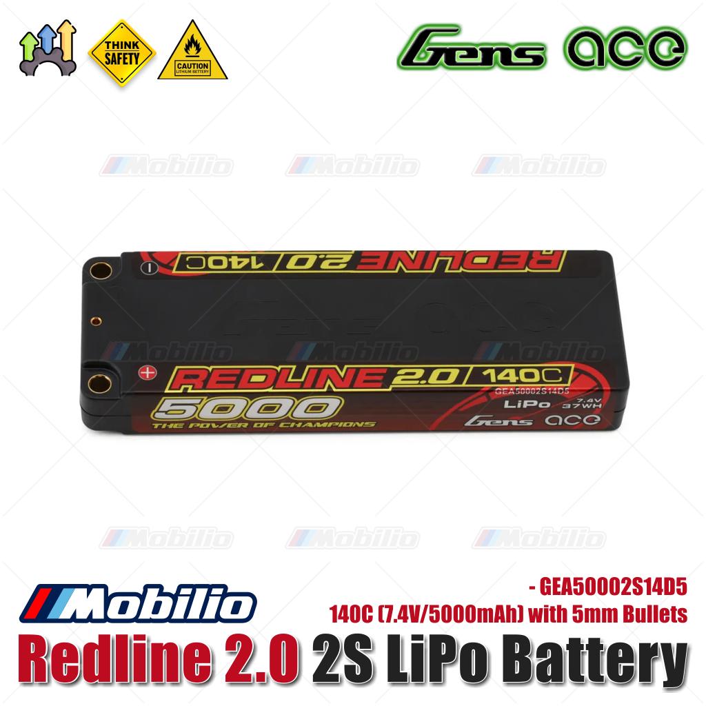 Gens Ace Redline 2.0 2S LiPo Battery 140C (7.4V/5000mAh) with 5mm Bullets - GEA50002S14D5