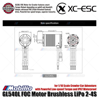 XC-ESC GL540L Sensored FOC Motor Brushless LiPo 2-4S untuk Mobil Crawler Skala 1/10 dengan Torsi Kecepatan Rendah yang Bertenaga dan Tahan Air IP67