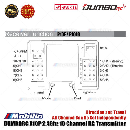 Dumborc X10P-350 10 Channel 2.4GHZ Transmitter with Receiver P10F P10FG P6DC Waterproof Version Available for Remote Control Car Boat Tank All Types of RC Models