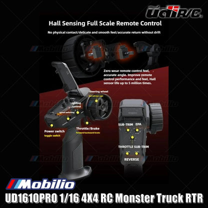 UDIR/C UD1610PRO 1/16 4X4 RC Monster Truck 2S/3S Compatible 3800KV Brushless Power System RTR