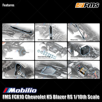 FMS FCX10 Chevrolet K5 Blazer RS ​​1/10 Lisensi Resmi RTR RC Crawler Performa Ekstrem