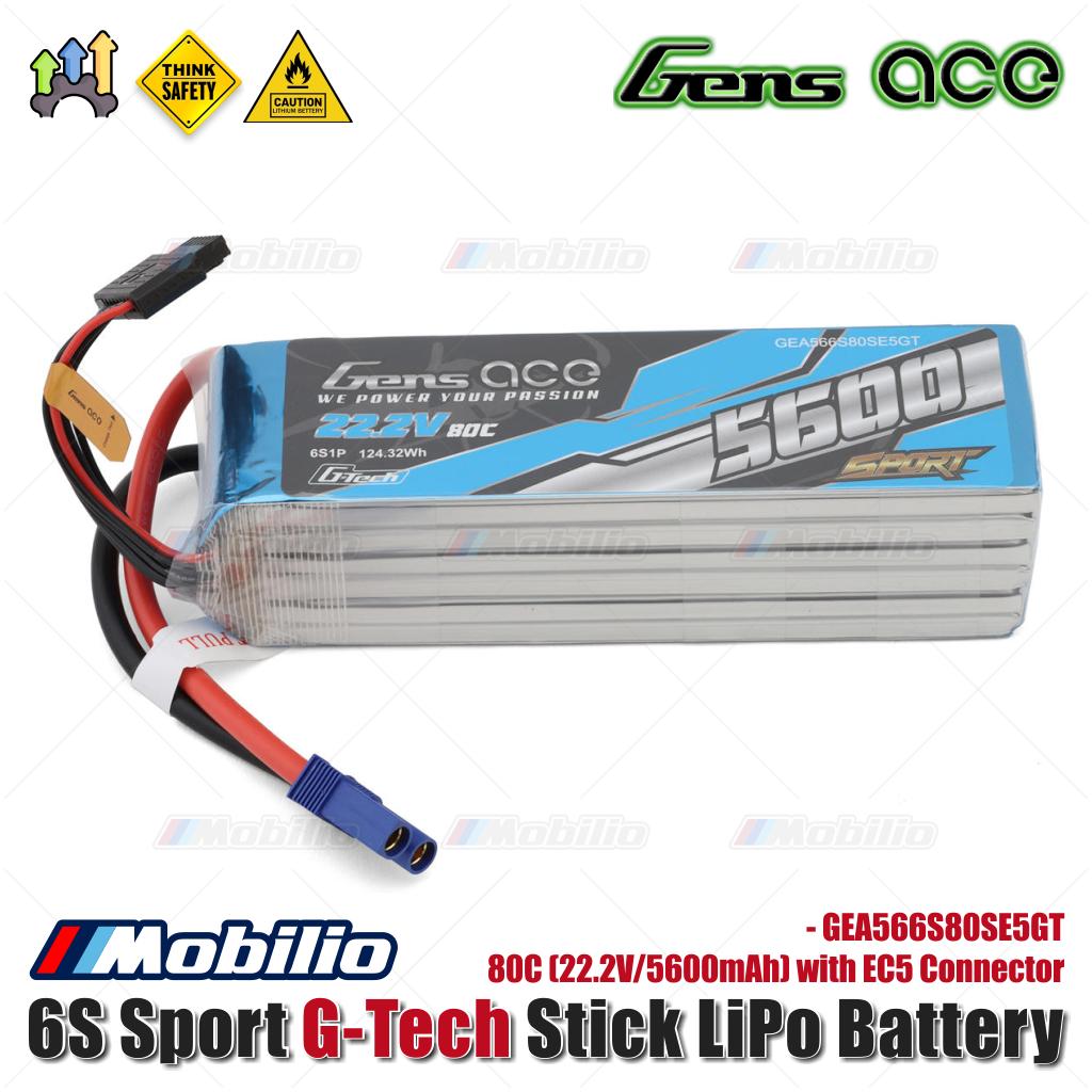 Baterai LiPo Gens Ace 6S 80C Sport G-Tech Stick (22.2V/5600mAh) dengan Konektor EC5 - GEA566S80SE5GT