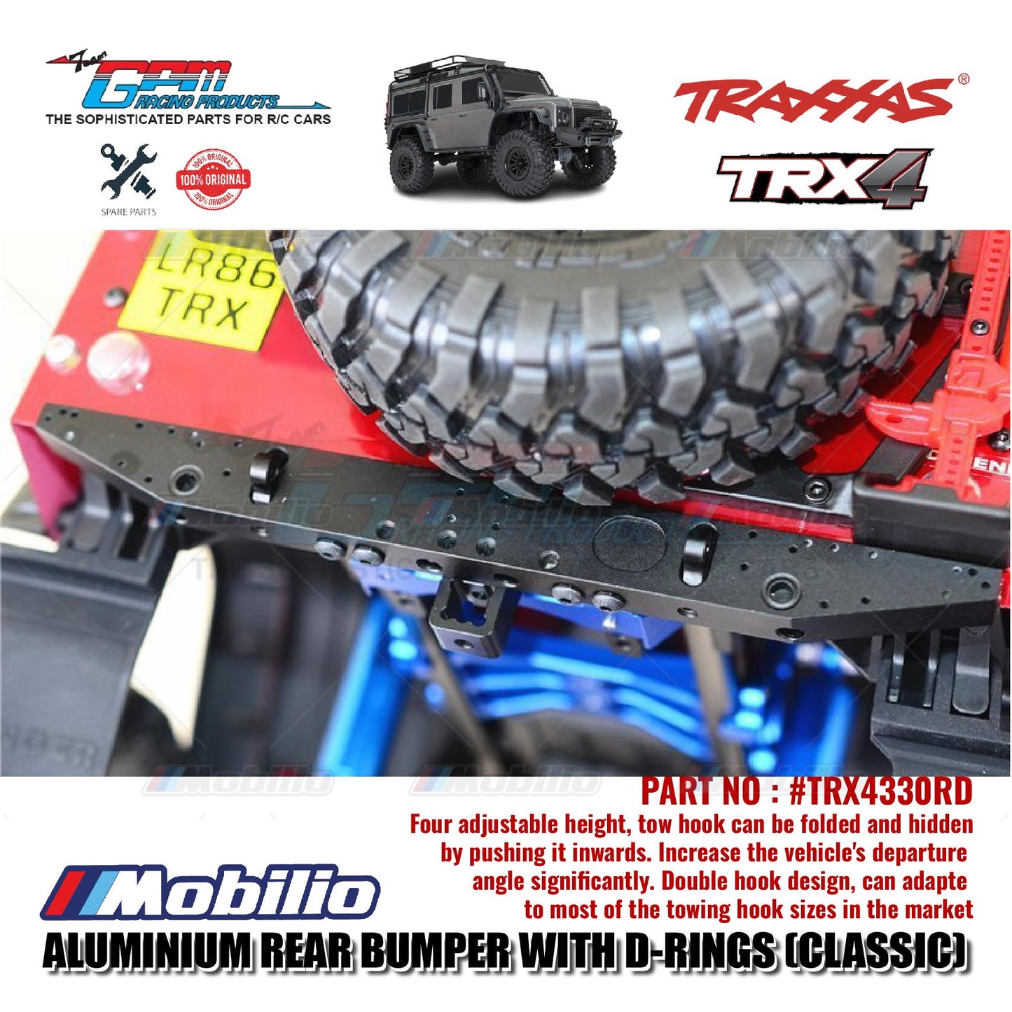 GPM Part TRX4330RD Aluminium Rear Bumper with D-rings (Classic) for Traxxas TRX-4 Defender