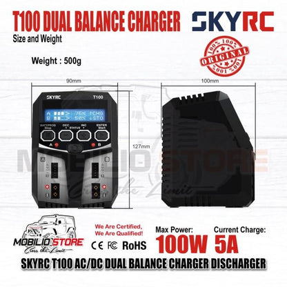 SKYRC T100 5A 2x50W AC/DC Pengisi Daya Penyeimbang Ganda Pengosong Baterai