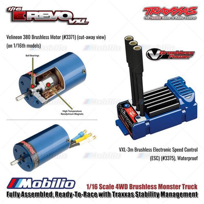 Traxxas 71076-8 Mini E-Revo VXL 1/16 Scale 4WD Brushless Monster Truck Fully Assembled RTR dengan TSM dan Baterai NiMH 7.2V