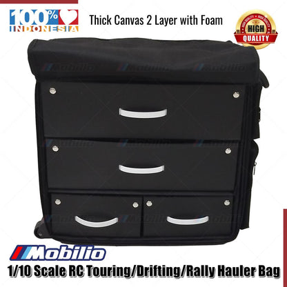 Mobilio Tas Koper 1/10 Scale RC Touring Drifting Rally Hauler Bag with 4 Inner Box Fits 2 Cars Remote Charger and 4 Additional Pockets for tools
