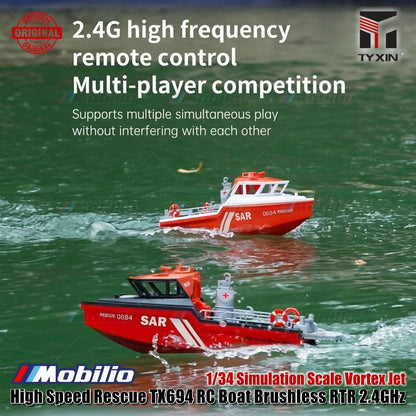 Perahu RC Penyelamat Berkecepatan Tinggi TX694 Brushless RTR 2.4GHz Skala Simulasi 1/34 Jet Vortex