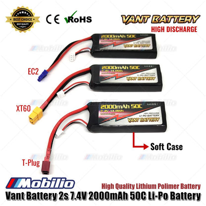 Baterai LiPo Polimer Lithium Vant 7.4V 2S 2000mAh 50C Casing Lembut RC