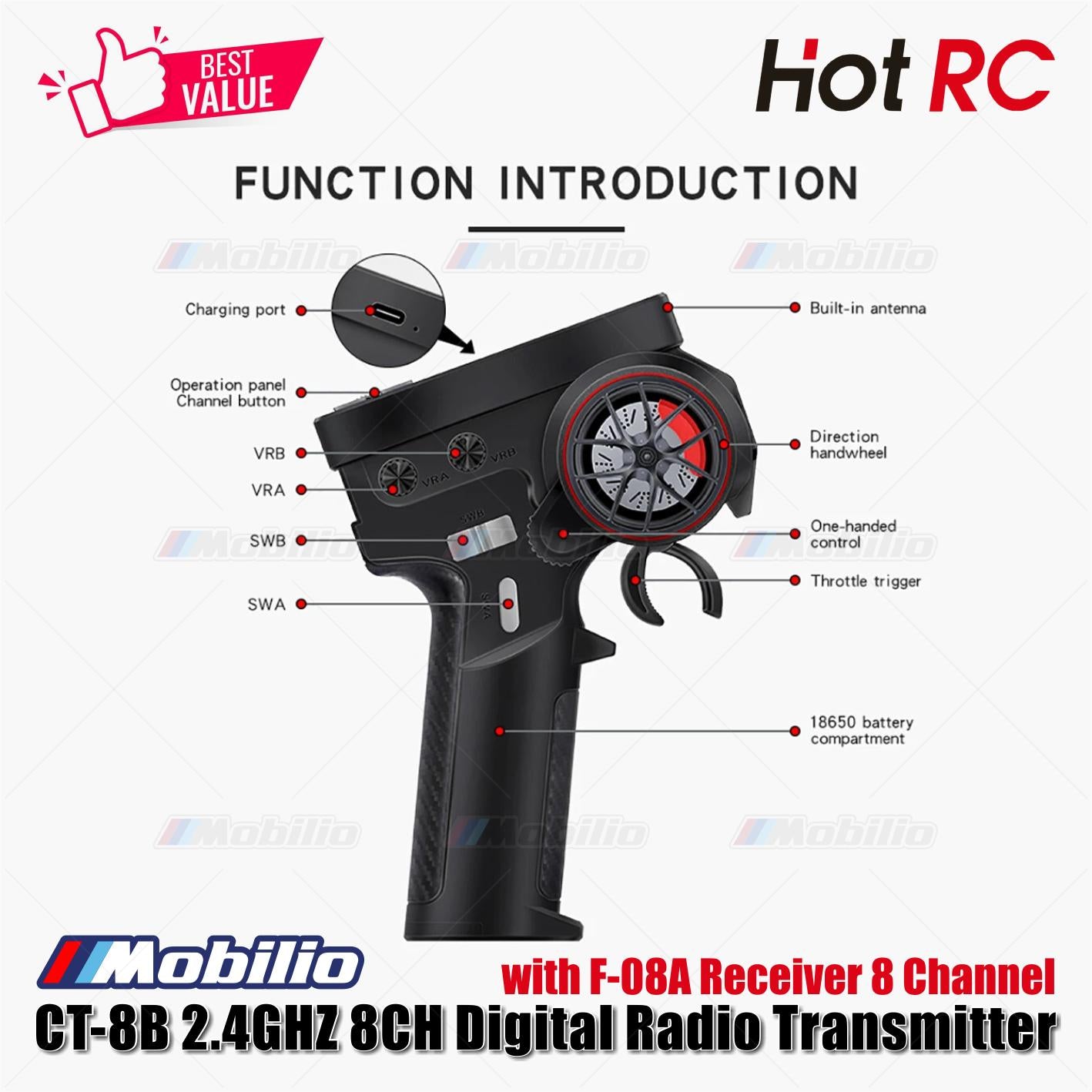 HotRC CT-8B 2.4GHZ 8CH Digital Radio Transmitter with F-08A Receiver 8 Channel for RC Car Boat Tank