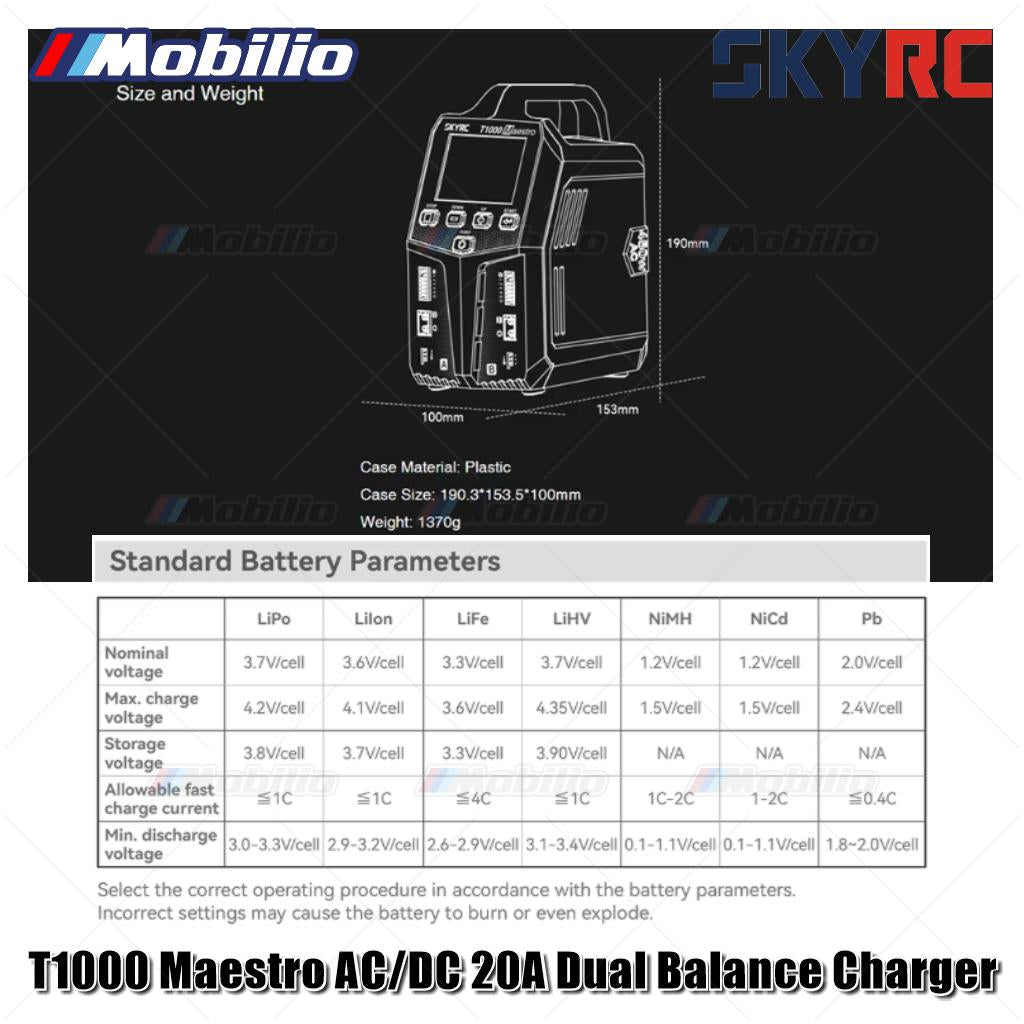 SKYRC T1000 Maestro Charger AC/DC 2A Pengisi Daya Ganda 450W 1000W 1-6S untuk Baterai LiFe NiMH NiCd