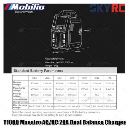 SKYRC T1000 Maestro Charger AC/DC 2A Pengisi Daya Ganda 450W 1000W 1-6S untuk Baterai LiFe NiMH NiCd