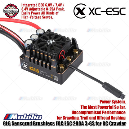 XC-ESC GL6 Sensored Brushless FOC ESC 200A 3-8S untuk RC Crawler Trail dan Offroad Bashing